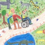 Ein Kinderbild, das zeigt, wie Menschen im Zoo sind. Mit dabei ein Mensch in einem Rollstuhl.