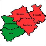 Eine Karte, die Nordrhein-Westfalen zeigt mit den Teilen 'Rheinland' und 'Westfalen-Lippe'