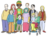 Gruppe von Menschen verschiedenen Alters, Herkunft, Geschlechts, mit und ohne Behinderung
